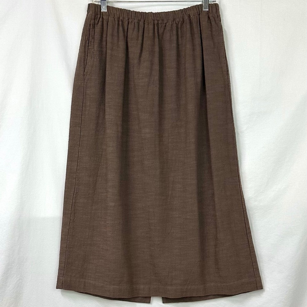 CP SHADES Vintage Brown Linen Cotton Midi Skirt Elastic Waist L Lagenlook Boho